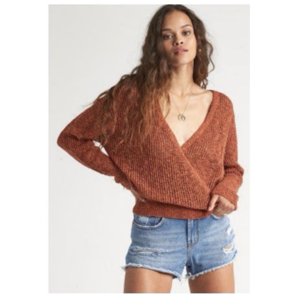 Billabong Rust Wrap Sweater Women's Knit V-Neck Boho Top | New With Tags - Picture 2 of 9